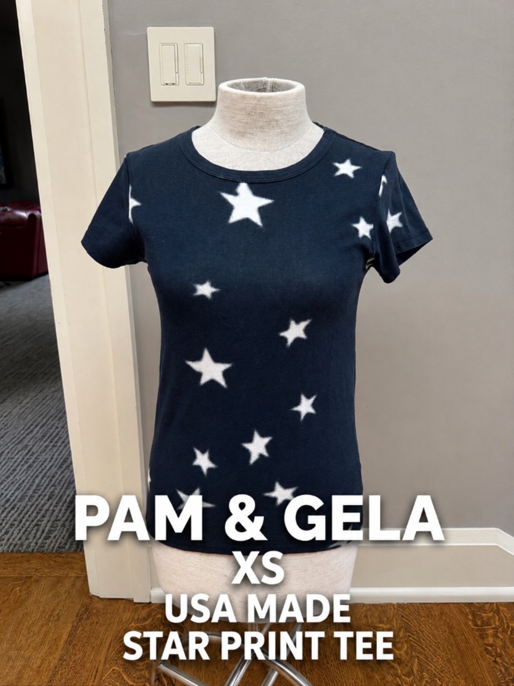 Pam & Gela Star Print Tee XS Navy White USA Made Crew Neck Cotton Blend T-Shirt